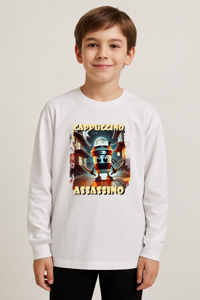 Cappuccino Assassino italyan Brainrot Tasarım Baskılı Uzun Kollu Çocuk Tişört (4-13 Yaş) - Huntr/X