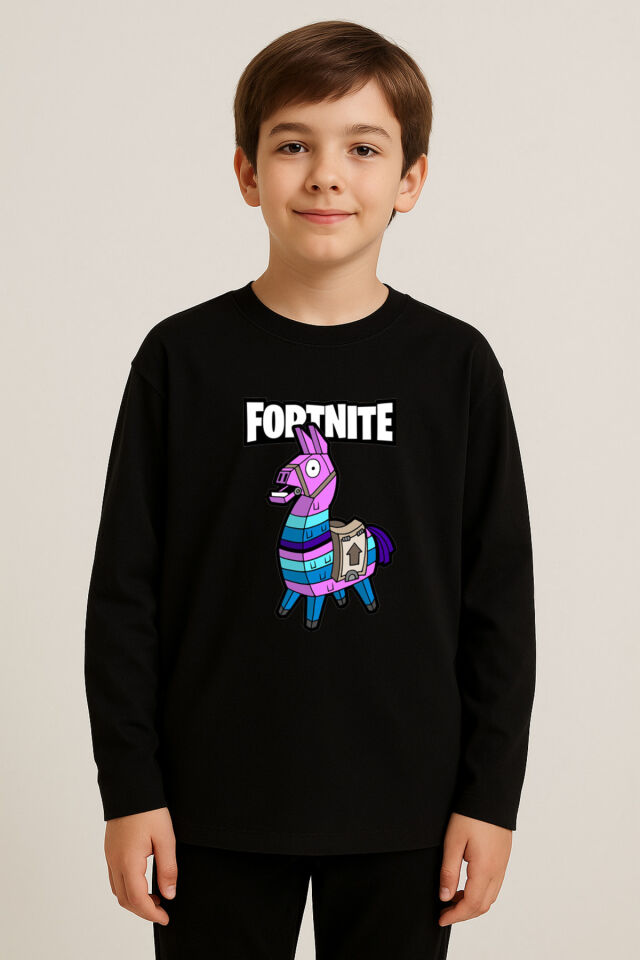Fortnite Lama Karakter Tasarım Baskılı Uzun Kollu Çocuk Tişört (4-13 Yaş)