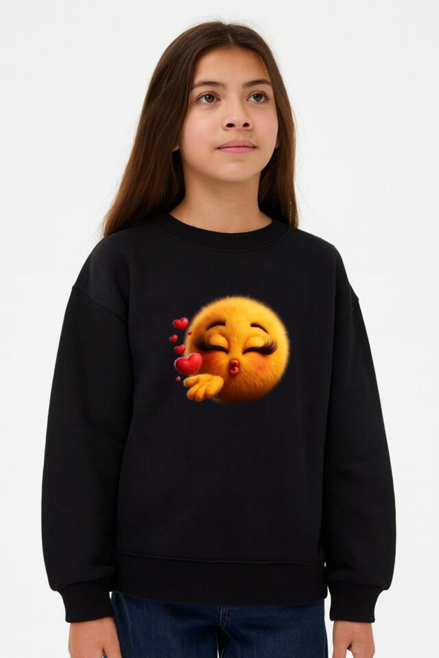 Tüylü Öpücük Emoji Baskılı 3 İplik Şardonsuz Çocuk Sweatshirt (4-13 Yaş)
