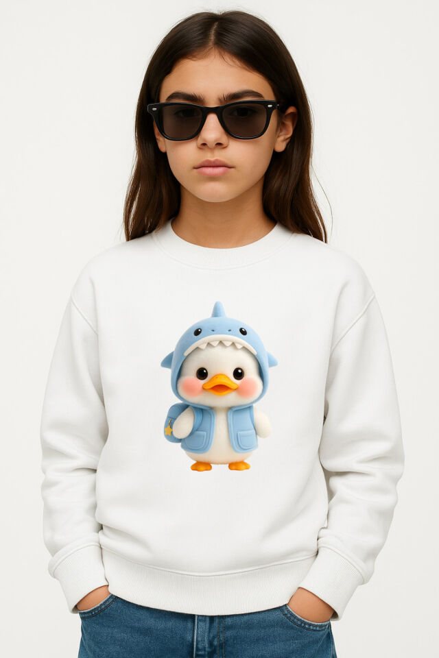 Köpekbalığı Kostümlü Sevimli Yavru Ördek Baskılı 3 İplik Şardonsuz Çocuk Sweatshirt (4-13 Yaş)